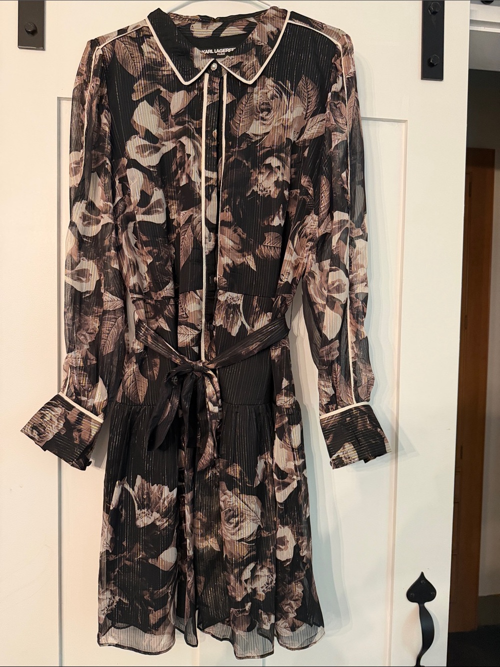 Karl Lagerfeld Black Floral Drop Waist Long-Sleeve Shirt Dress